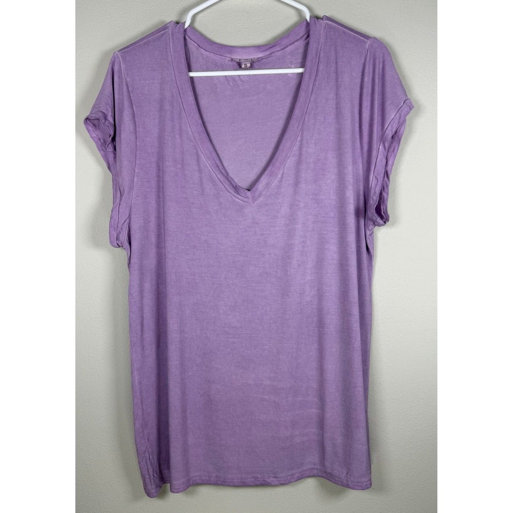 POL V-Neck T-Shirt Womens S Purple Relaxed Fit Tee Boho Lagenlook Casual Indie